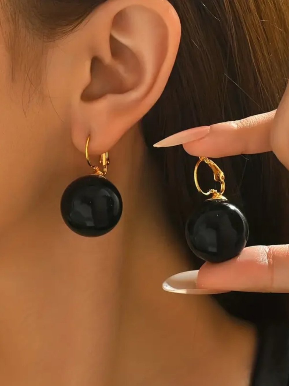 Gold Hoop Earrings with Black Pearl Drop
